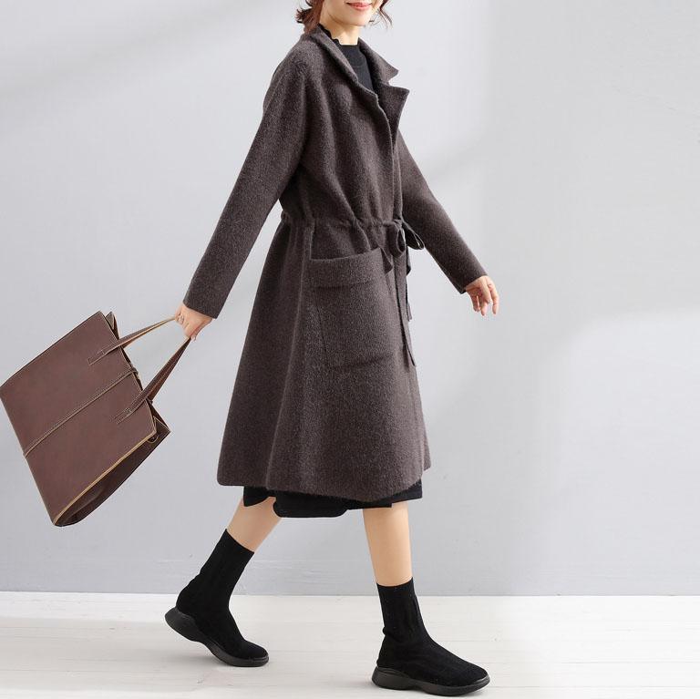 Elegant dark gray Wool plus size maxi coat fall women coats Square Collar tie waist - Omychic