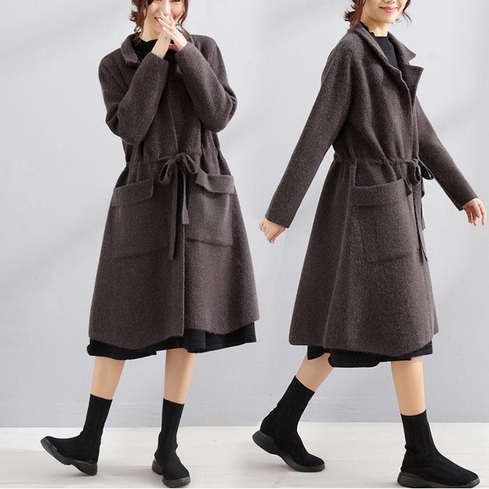 Elegant dark gray Wool plus size maxi coat fall women coats Square Collar tie waist - Omychic