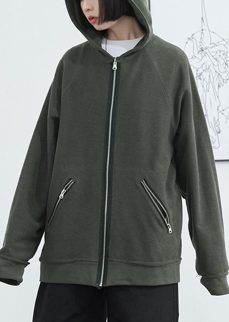 Elegant dark green cotton crane tops hooded zippered daily autumn shirt - Omychic