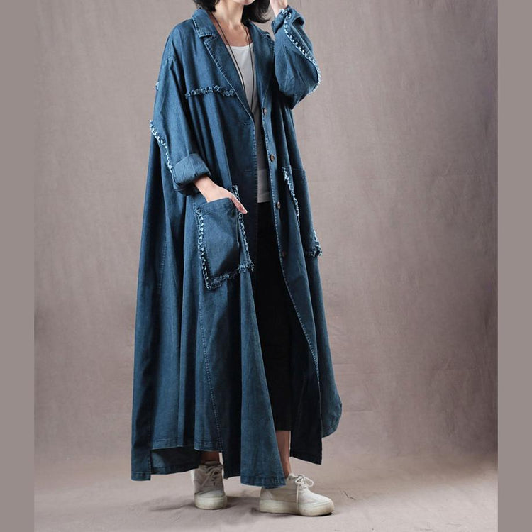 Elegant denim blue Winter coat plus size clothing Notched long coat top quality large hem pockets coat - Omychic