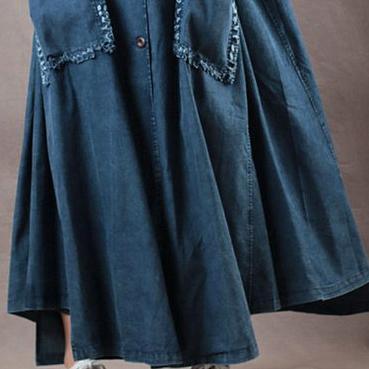 Elegant denim blue Winter coat plus size clothing Notched long coat top quality large hem pockets coat - Omychic