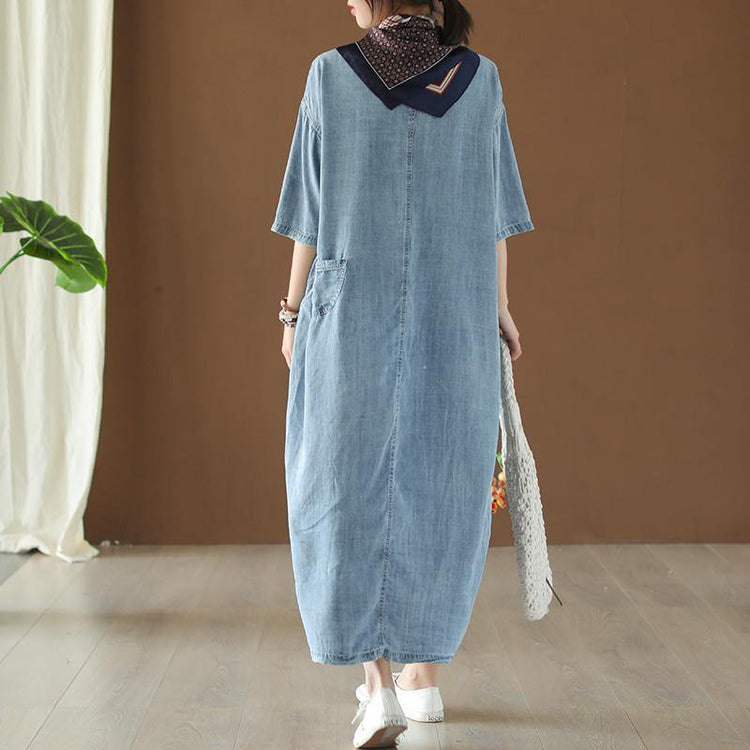 Elegant denim blue cotton dresses o neck half sleeve Maxi summer Dress - Omychic