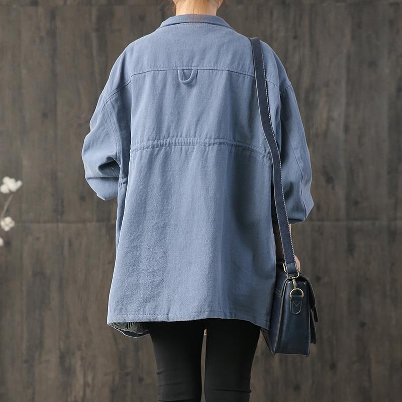 Elegant drawstring cotton clothes design blue big pockets blouse fall - Omychic