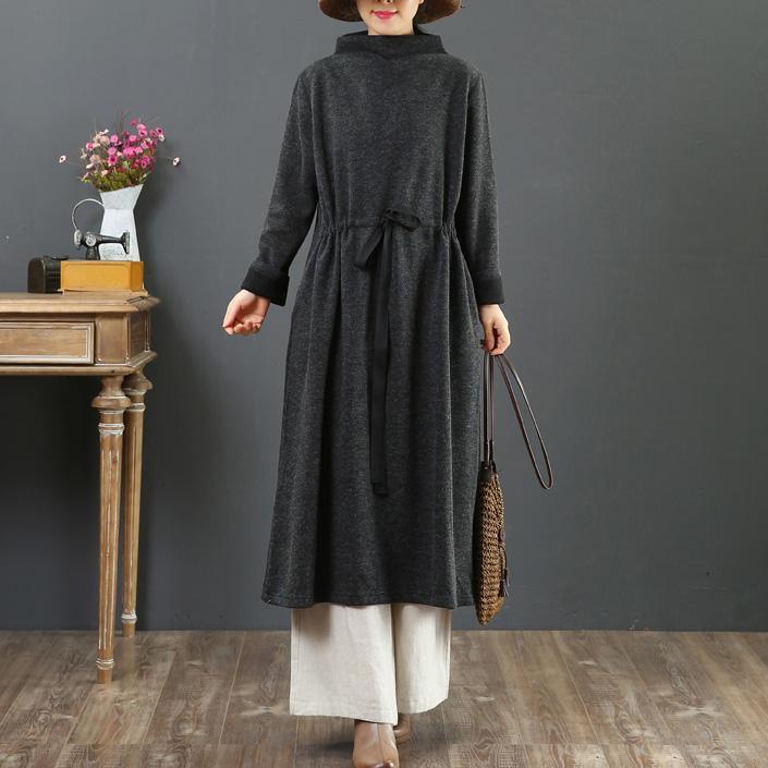 Elegant drawstring cotton winter clothes For Women Sewing gray Vestidos De Lino Dresses - Omychic