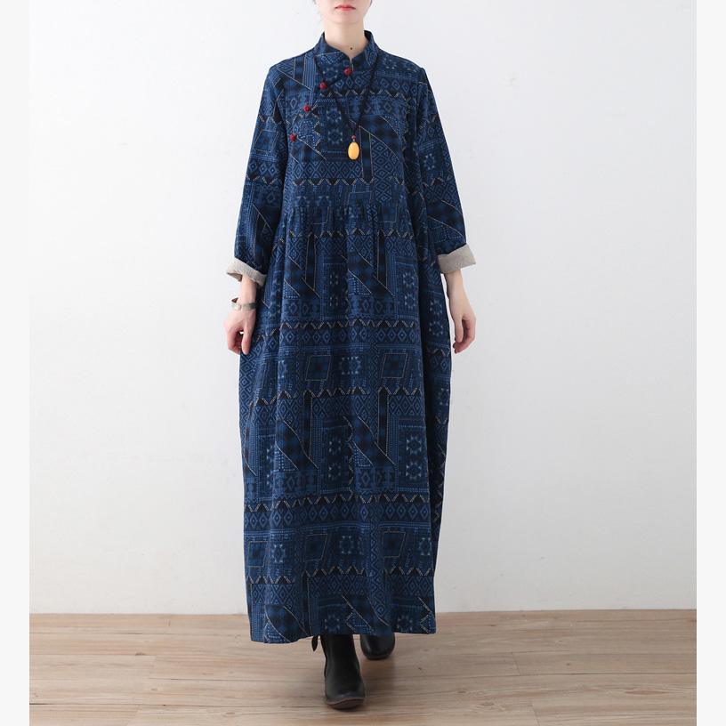 Elegant dull blue cotton Long Shirts Fitted Wardrobes stand collar asymmetric Dresses - Omychic
