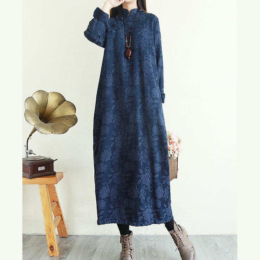 Elegant embroidery cotton linen winter dress pattern navy Dresses - Omychic