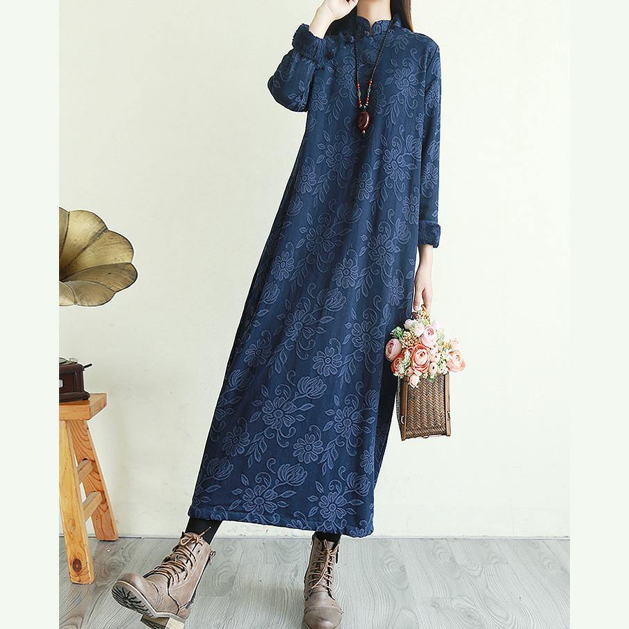 Elegant embroidery cotton linen winter dress pattern navy Dresses - Omychic