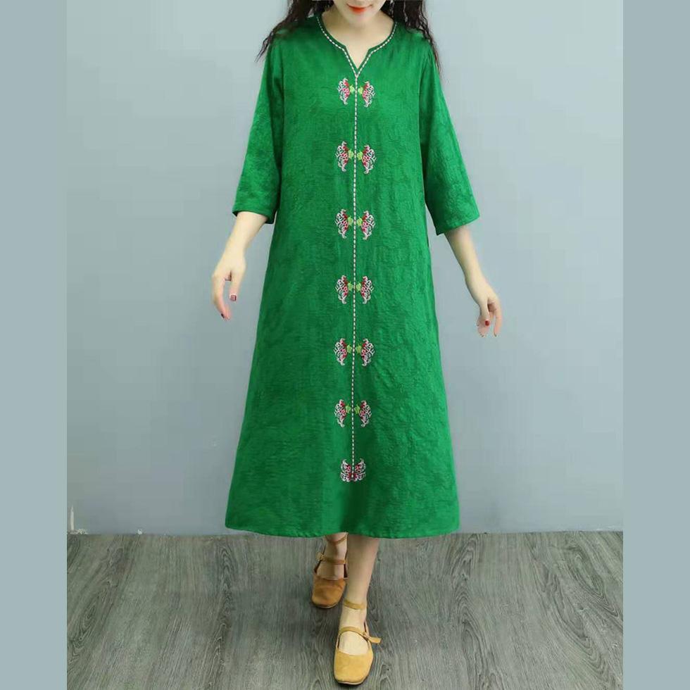 Elegant embroidery linen clothes For Women Wardrobes green Dresses summer - Omychic
