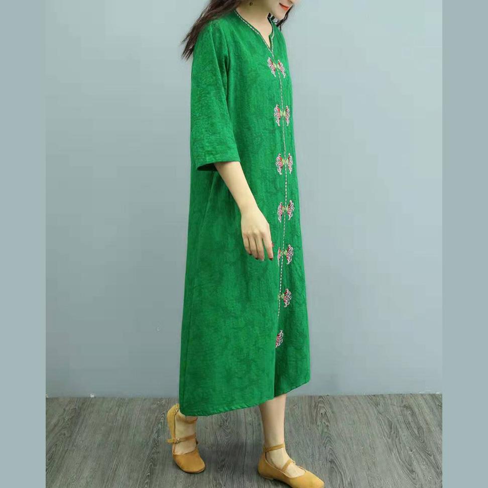 Elegant embroidery linen clothes For Women Wardrobes green Dresses summer - Omychic