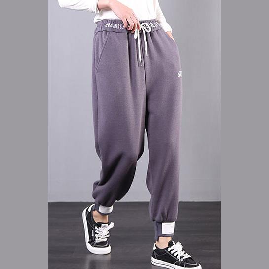 Elegant fall fashion gray embroidery Cotton elastic waist wild pants - Omychic