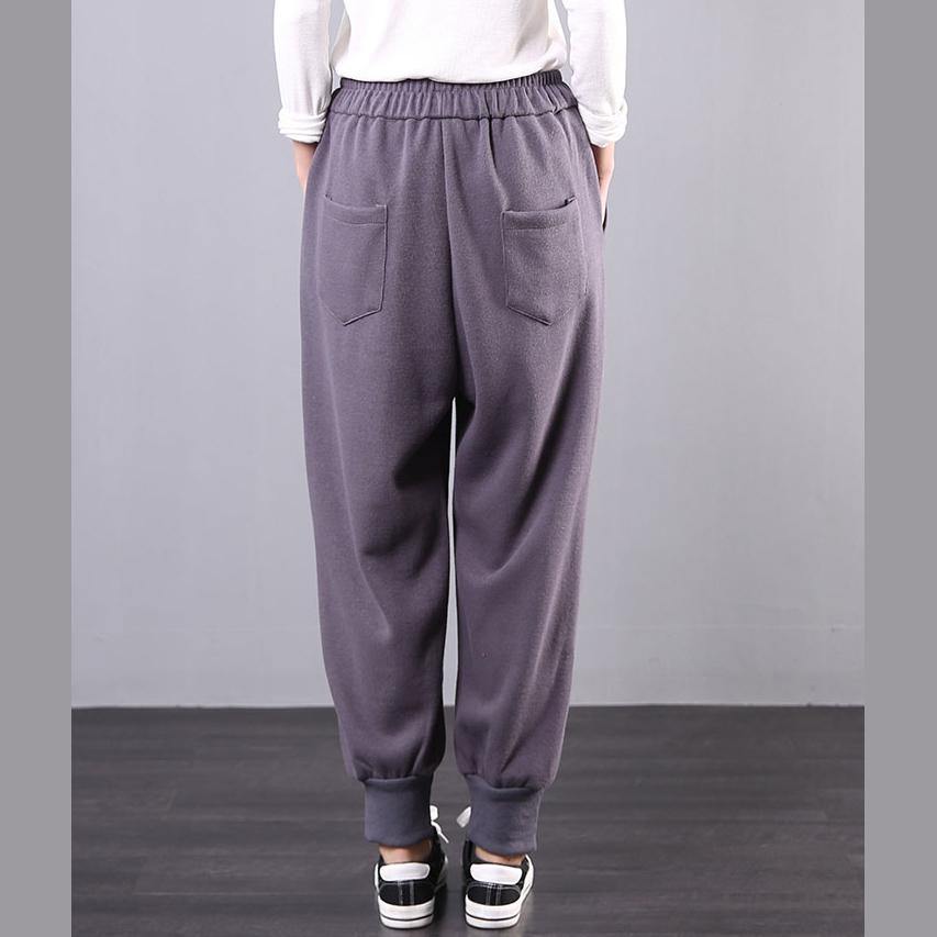 Elegant fall fashion gray embroidery Cotton elastic waist wild pants - Omychic
