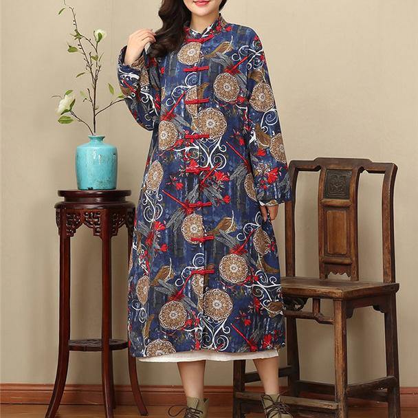 Elegant floral long casual stand collar gown women Chinese Button pockets maxi dresses - Omychic