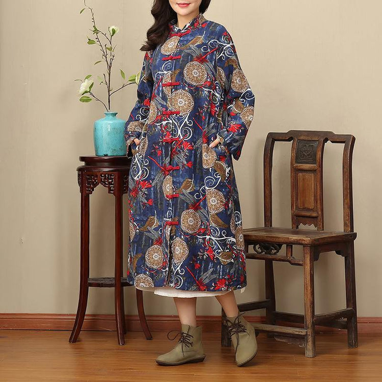 Elegant floral long casual stand collar gown women Chinese Button pockets maxi dresses - Omychic