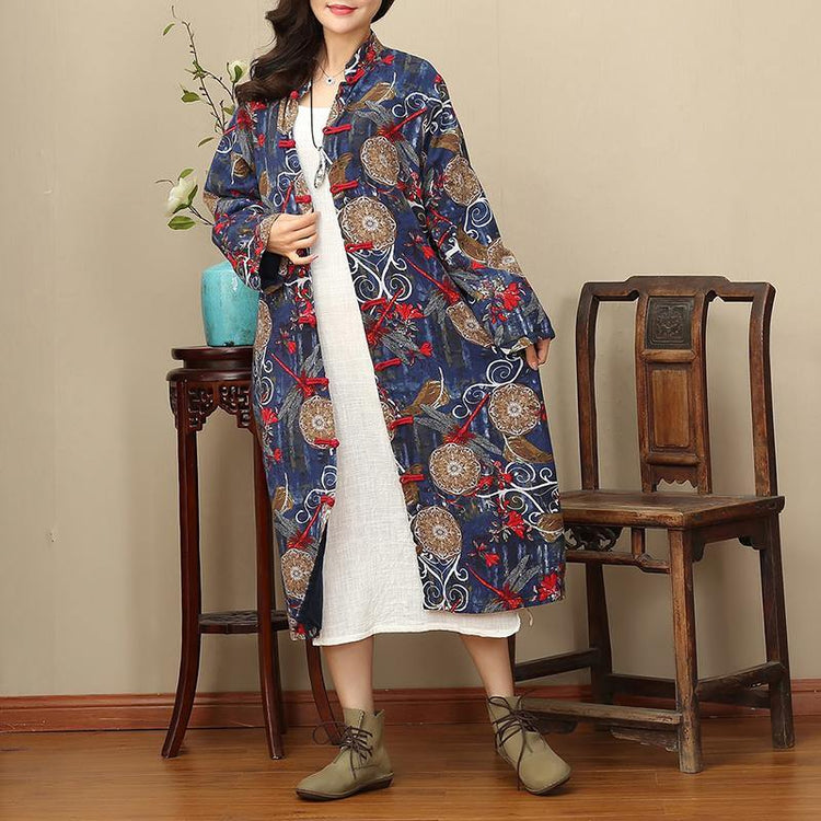 Elegant floral long casual stand collar gown women Chinese Button pockets maxi dresses - Omychic