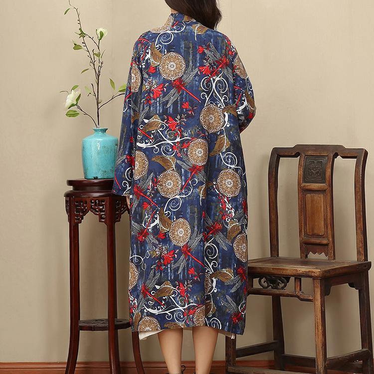 Elegant floral long casual stand collar gown women Chinese Button pockets maxi dresses - Omychic
