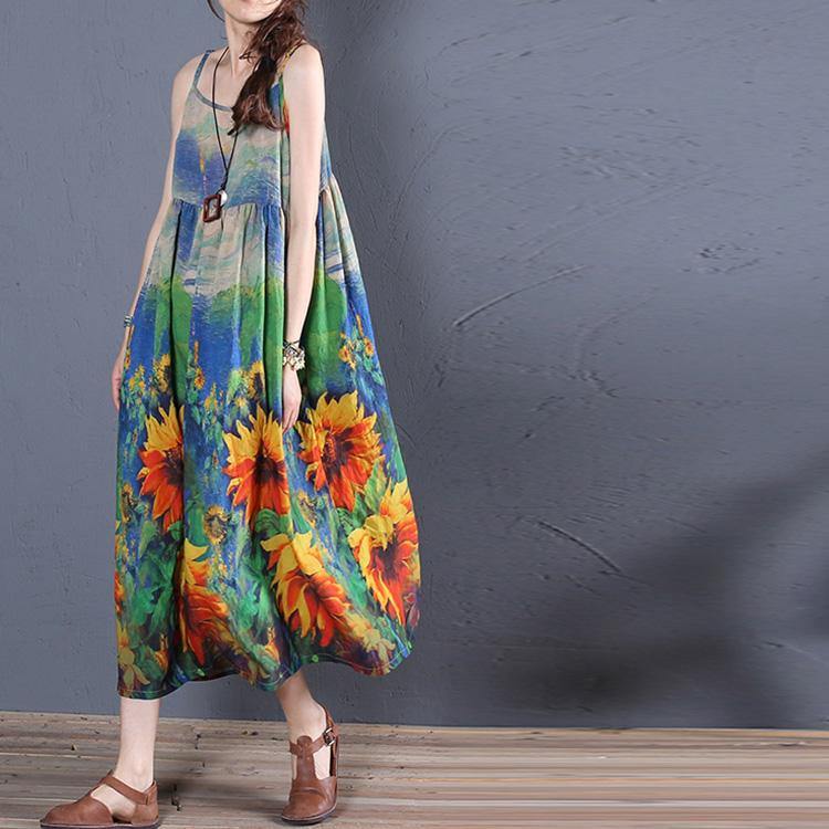Elegant floral silk cotton sleeveless Maxi summer Dress - Omychic