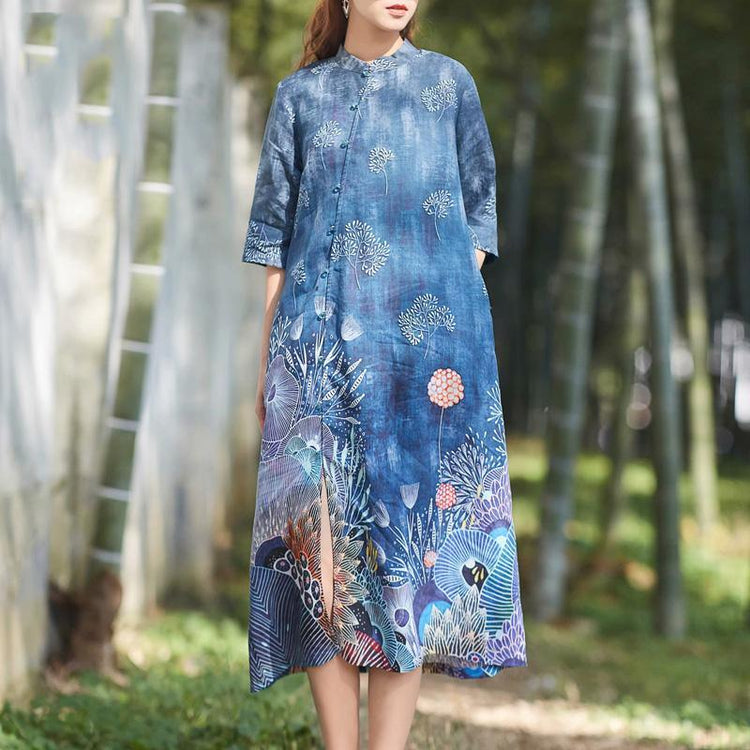 Elegant front open linen clothes For Women Shirts navy floral Dresses summer - Omychic