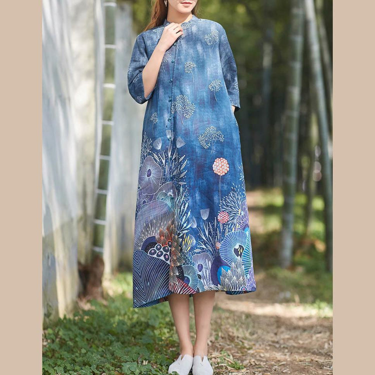 Elegant front open linen clothes For Women Shirts navy floral Dresses summer - Omychic