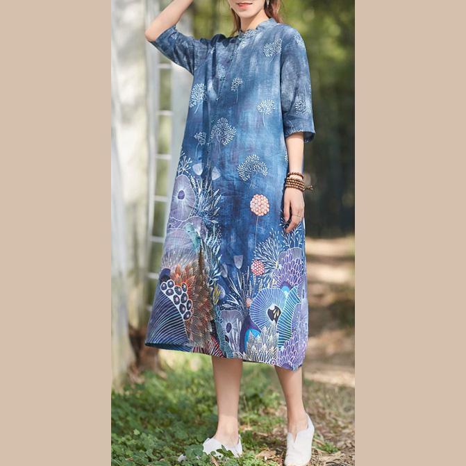 Elegant front open linen clothes For Women Shirts navy floral Dresses summer - Omychic