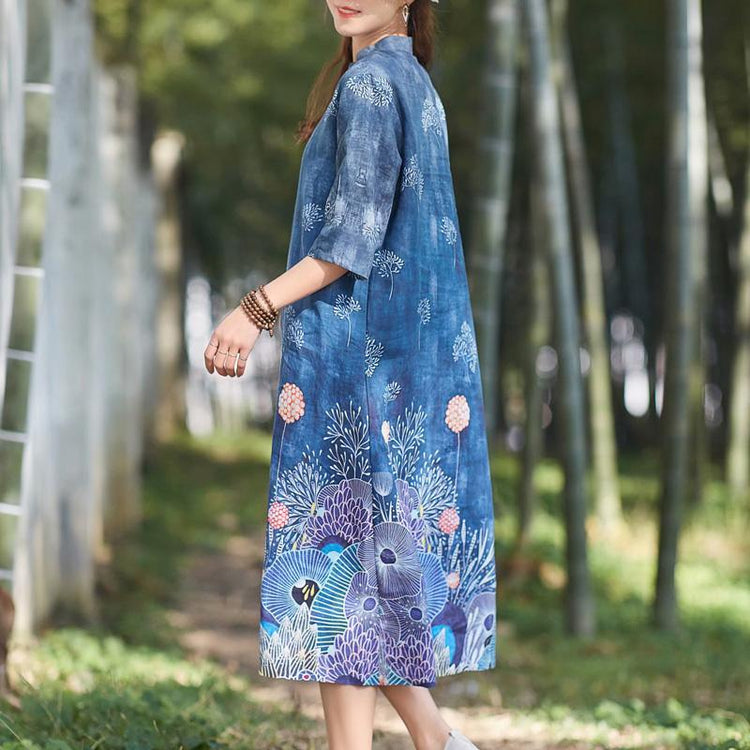 Elegant front open linen clothes For Women Shirts navy floral Dresses summer - Omychic