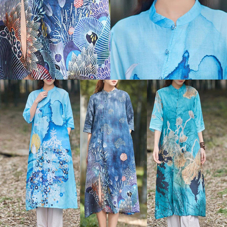 Elegant front open linen clothes For Women Shirts navy floral Dresses summer - Omychic