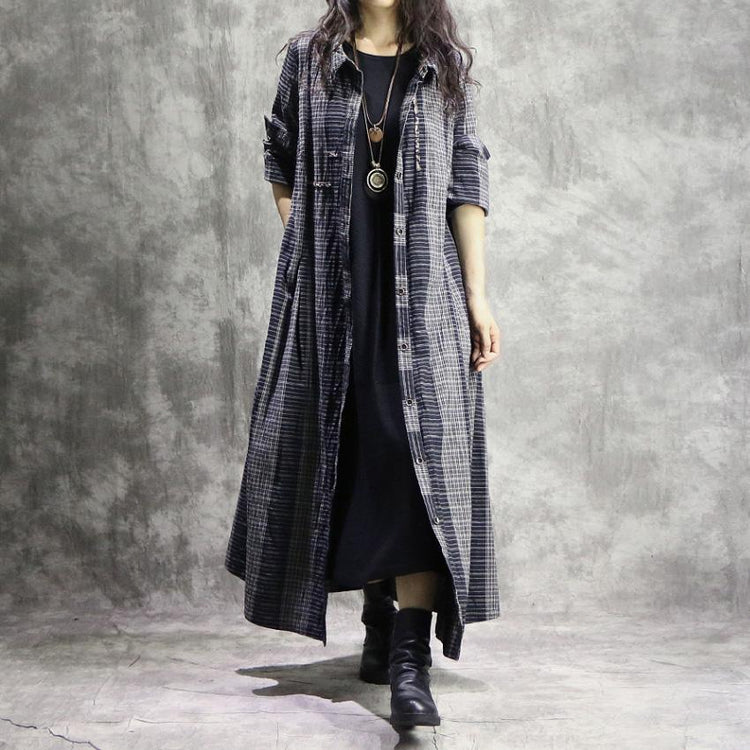 Elegant gray Plaid overcoat plus size clothing maxi coat Turn-down Collar pockets women coats - Omychic