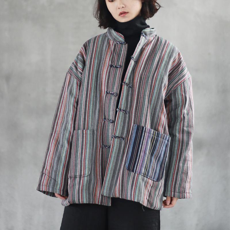 Elegant gray striped pure linen thick blouse plus size linen cotton short coat  2018 big pockets Chinese Button linen cotton tops - Omychic
