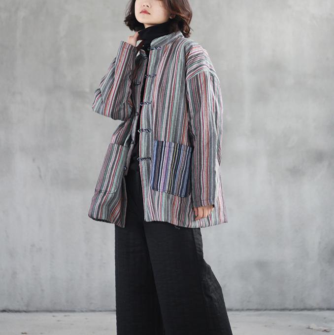 Elegant gray striped pure linen thick blouse plus size linen cotton short coat  2018 big pockets Chinese Button linen cotton tops - Omychic