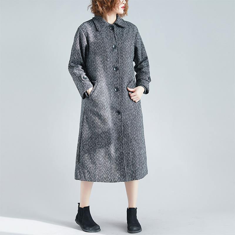 Elegant gray wool coat plus size long pockets coat - Omychic