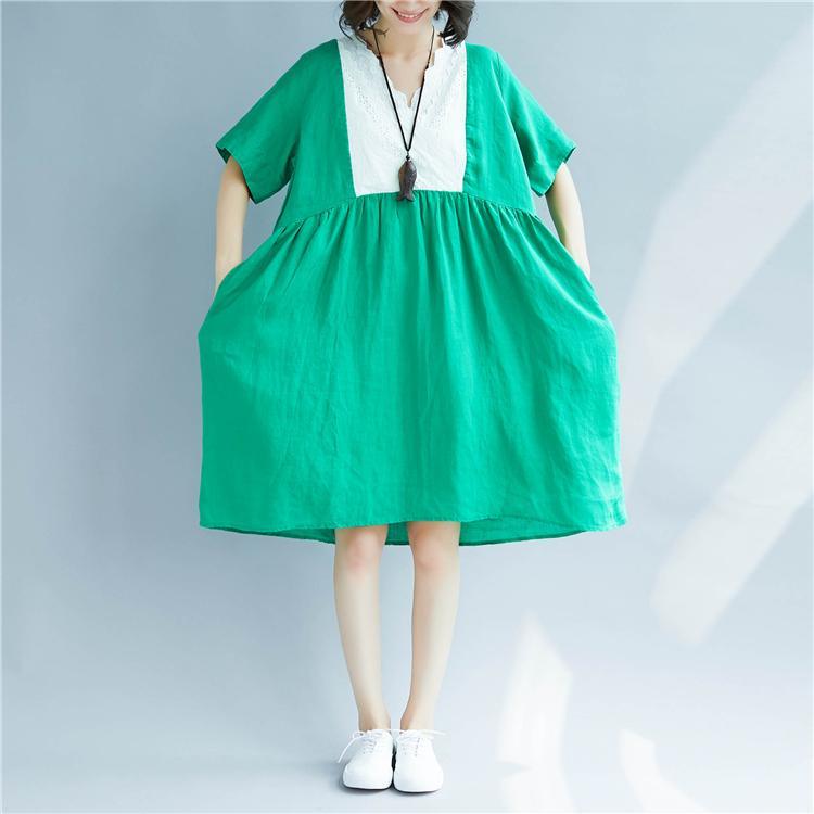 Elegant green cotton linen dresses oversized holiday dresses New short sleeve patchwork O neck baggy dresses - Omychic