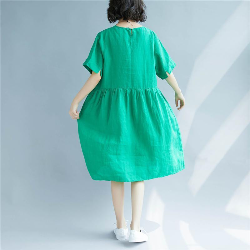 Elegant green cotton linen dresses oversized holiday dresses New short sleeve patchwork O neck baggy dresses - Omychic