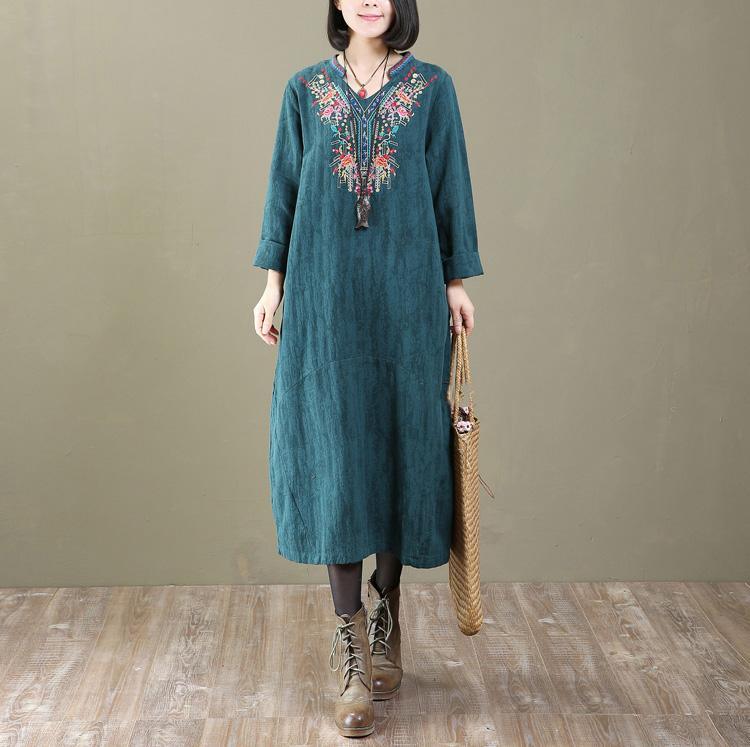 Elegant green cotton maxi dress casual embroidery cotton clothing dresses New patchwork o neck cotton caftans - Omychic