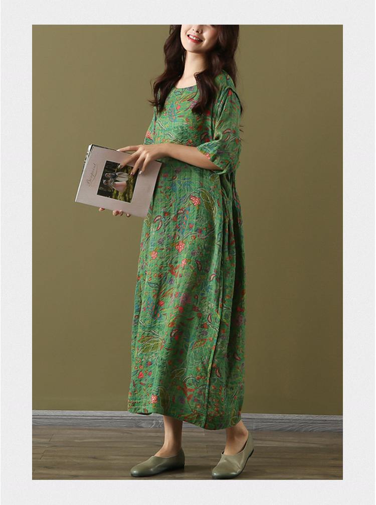 Elegant green print linen dresses o neck half sleeve Traveling summer Dresses - Omychic