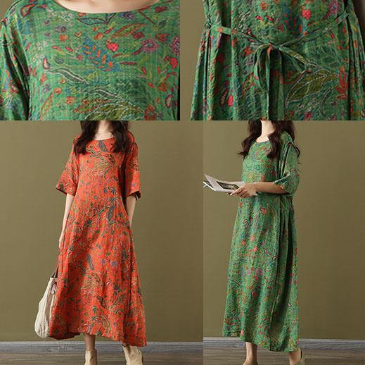 Elegant green print linen dresses o neck half sleeve Traveling summer Dresses - Omychic