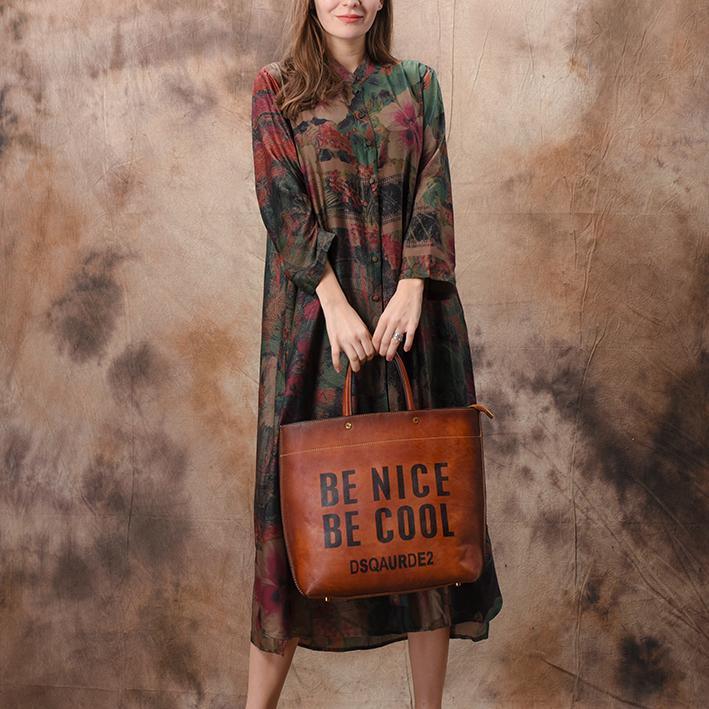 Elegant green print silk clothes Fine Sewing stand collar pockets loose spring Dress - Omychic