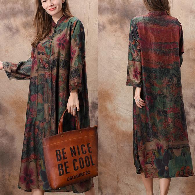 Elegant green print silk clothes Fine Sewing stand collar pockets loose spring Dress - Omychic
