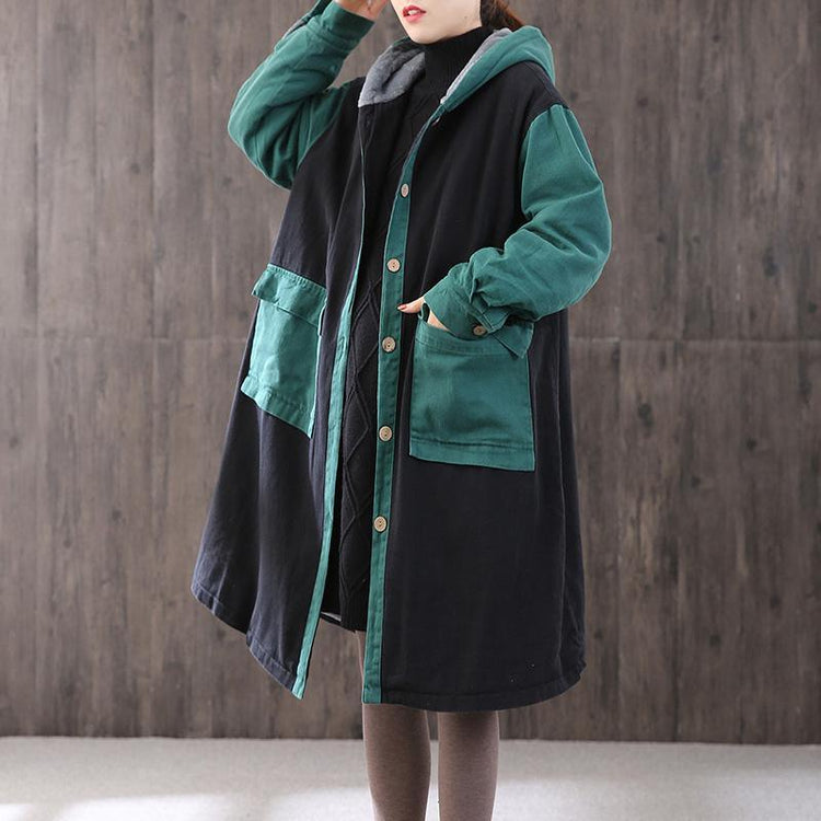 Elegant green womens parkas oversized hooded patchwork winter coats - Omychic