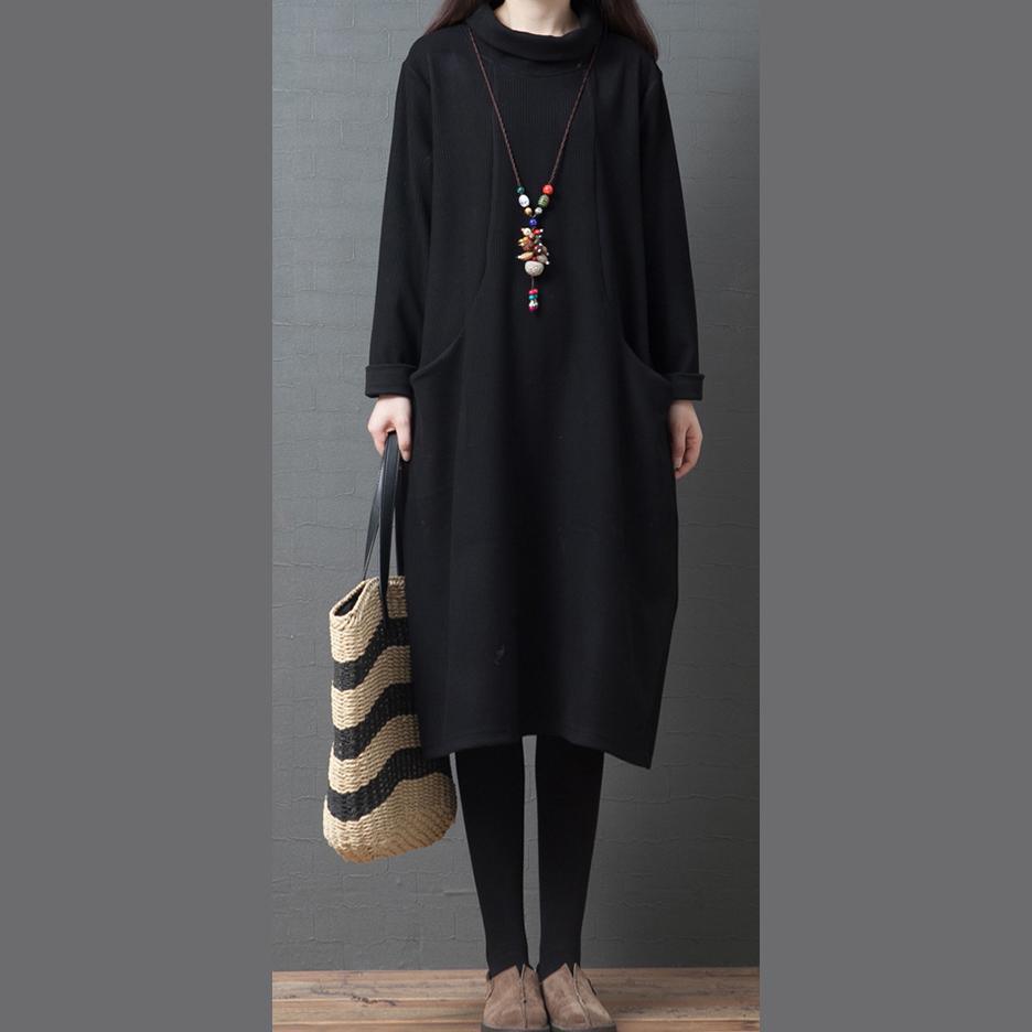 Elegant high neck cotton clothes Inspiration black long Dress - Omychic