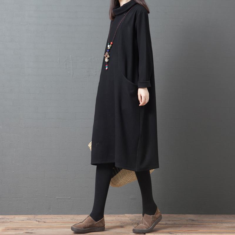 Elegant high neck cotton clothes Inspiration black long Dress - Omychic