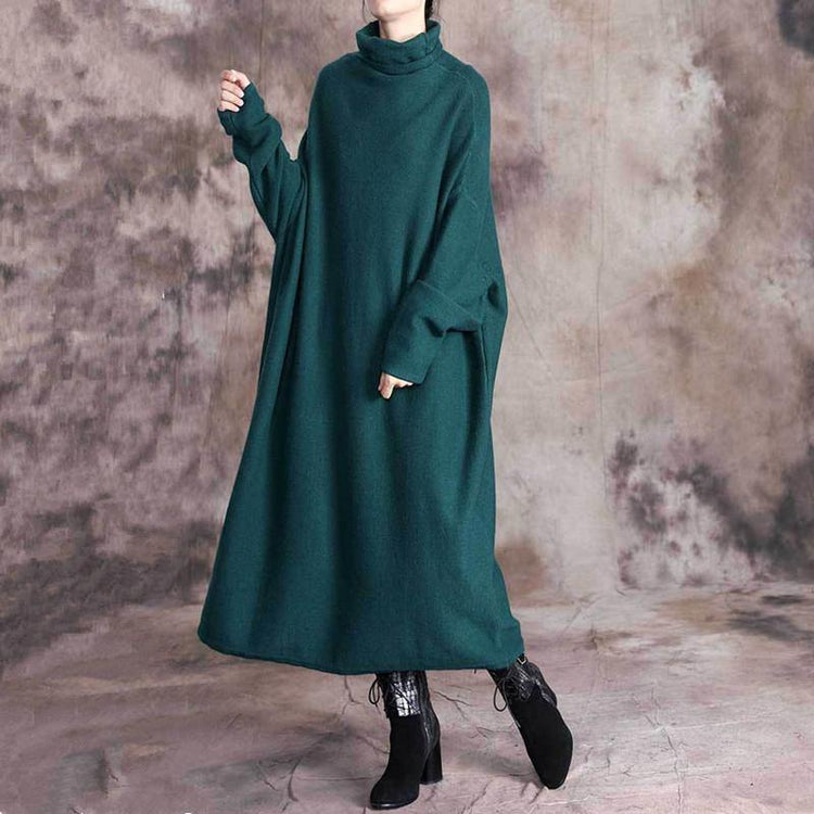 Elegant high neck cotton long sleeve clothes Women pattern green long Dress - Omychic