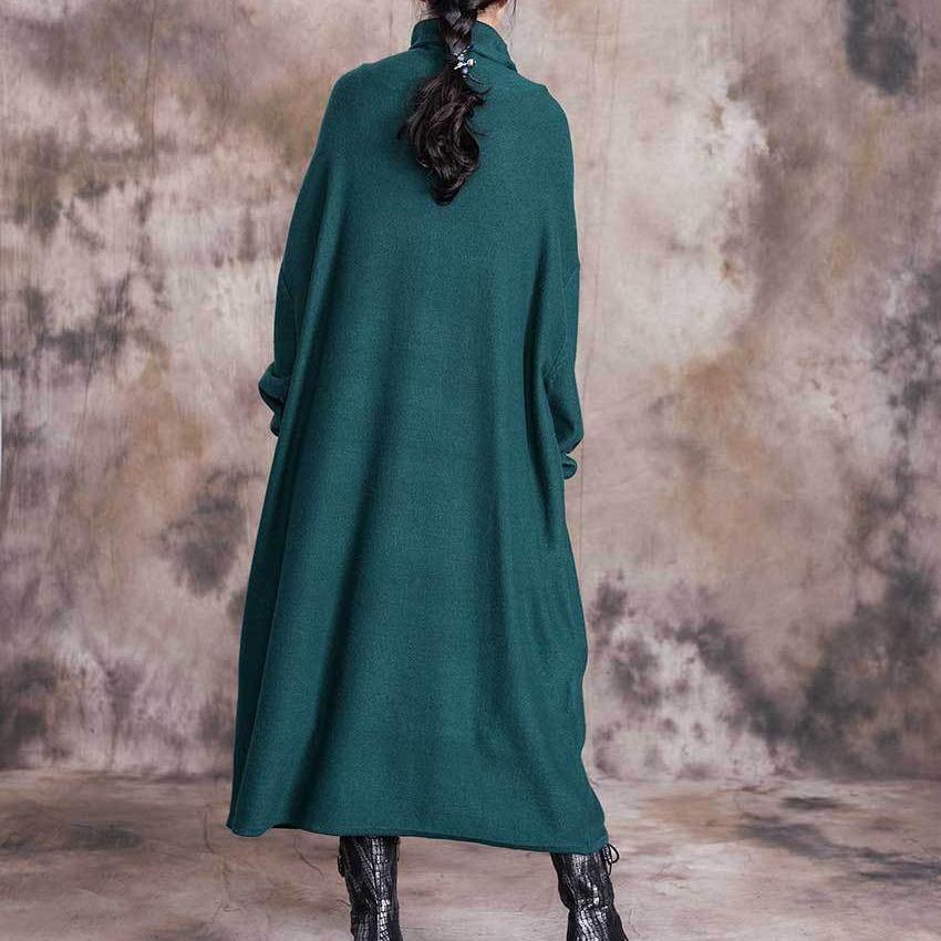 Elegant high neck cotton long sleeve clothes Women pattern green long Dress - Omychic