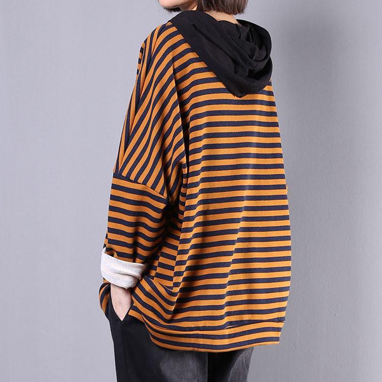 Elegant hooded prints cotton tunics for women Fabrics yellow striped shirt fall - Omychic