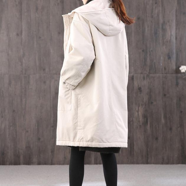 Elegant hooded zippered cotton Tunic Photography beige coats - Omychic