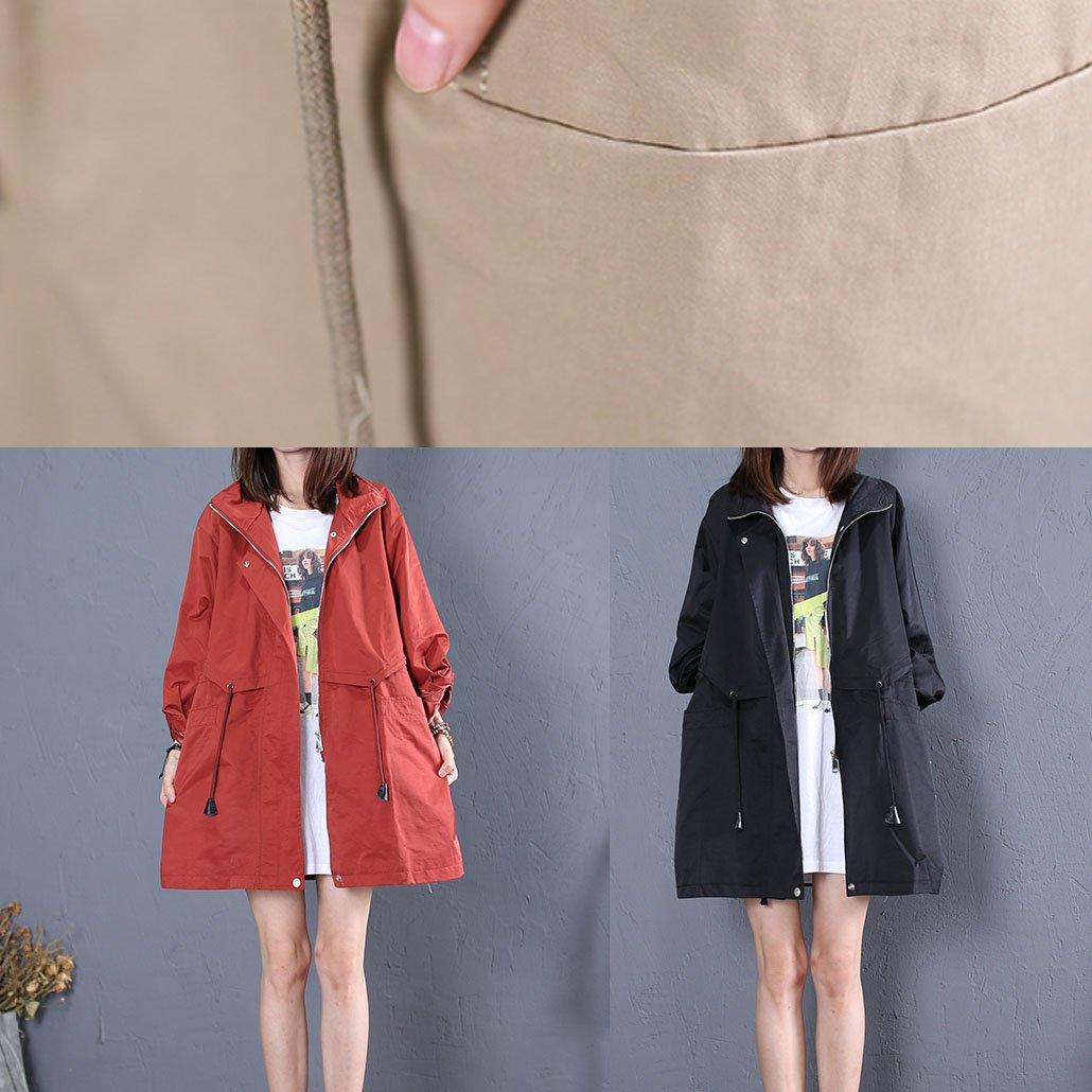 Elegant khaki Loose fitting medium length jackets fall outwear drawstring - Omychic