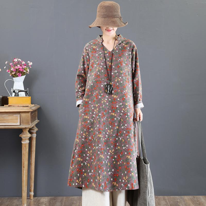 Elegant khaki prints 2018 fall dress plus size clothing stand collar traveling dress boutique loose waist cotton caftans - Omychic