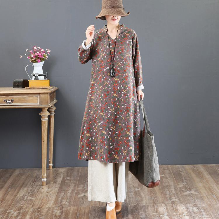 Elegant khaki prints 2018 fall dress plus size clothing stand collar traveling dress boutique loose waist cotton caftans - Omychic