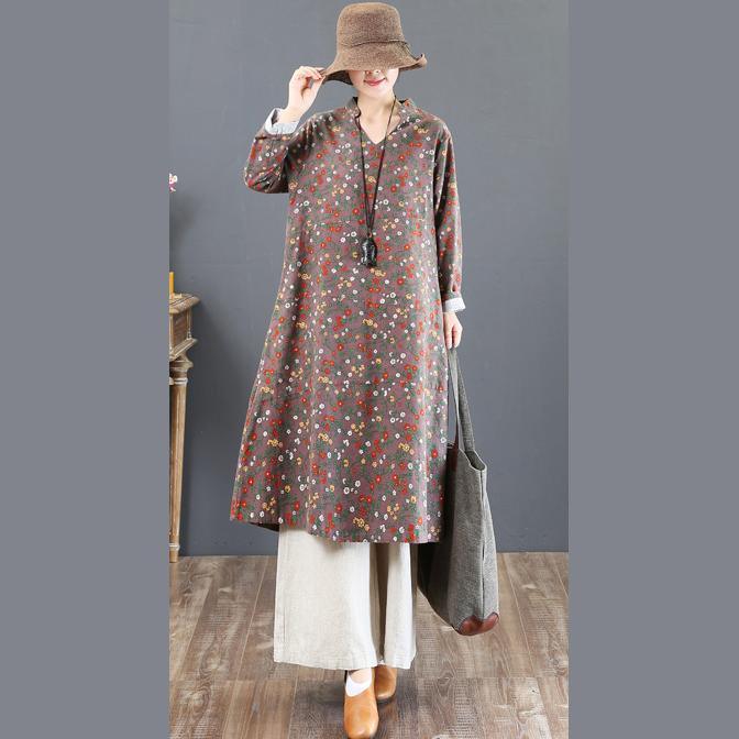 Elegant khaki prints 2018 fall dress plus size clothing stand collar traveling dress boutique loose waist cotton caftans - Omychic