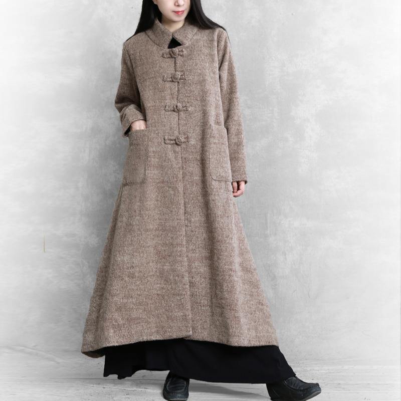 Elegant khaki woolen coats plus size long jackets women stand collar large hem coats - Omychic