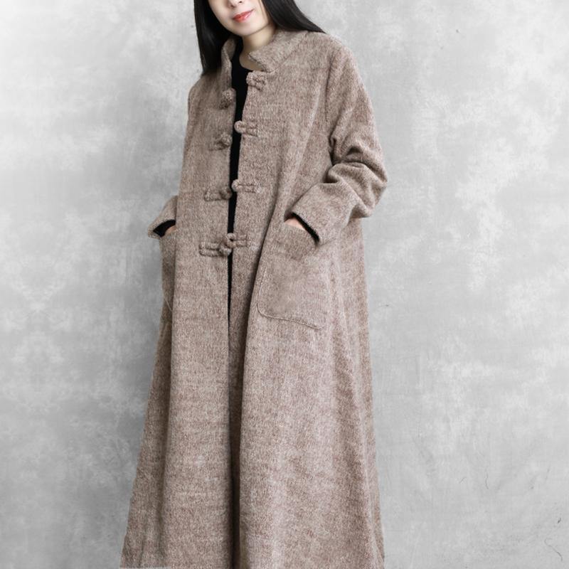 Elegant khaki woolen coats plus size long jackets women stand collar large hem coats - Omychic