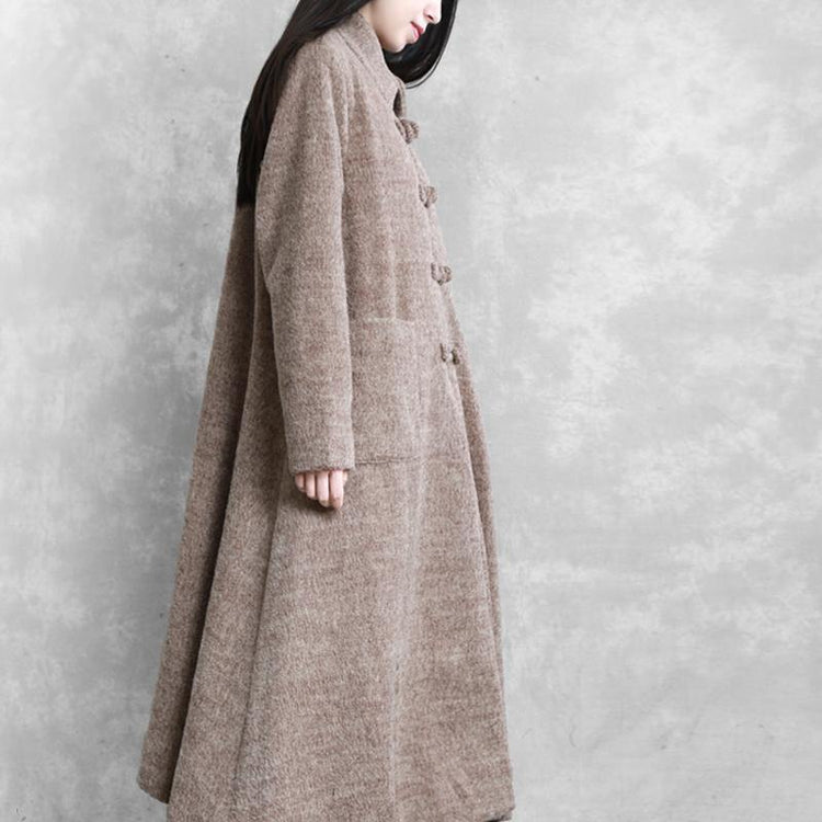 Elegant khaki woolen coats plus size long jackets women stand collar large hem coats - Omychic